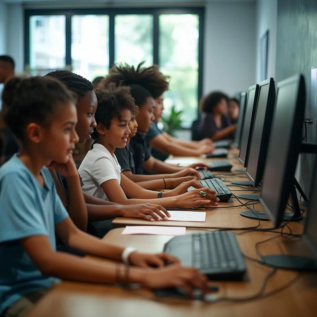 Estudantes aprendendo em ambiente colaborativo